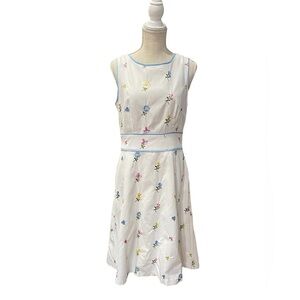 K Studio White Blue Multicolor Embroidered Floral Cotton Dress Women’s size 10